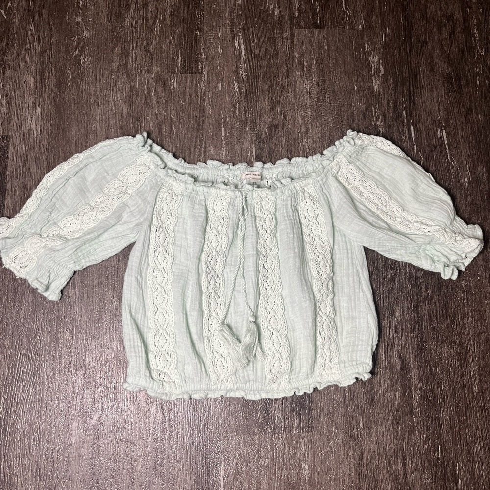 Boho American Eagle Crop Top Light Green Pastel Mint Green Elastic Size S Muslin